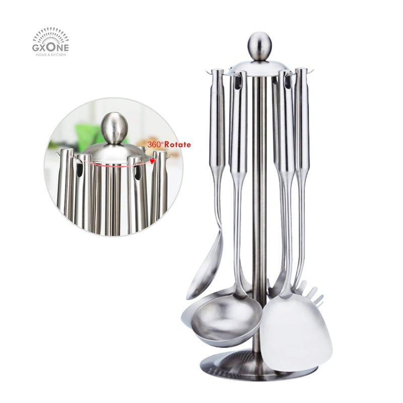 GXONE Kitchen Utensil Set â€“ 6 Piece Stainless Steel Cooking Utensils with Rotating Holder Organizer Includes Slotted Spoon, Slotted Spatula, Large Spoon, Soup Ladle, Spatula, Pasta Server Silver/7PCS - Image 5
